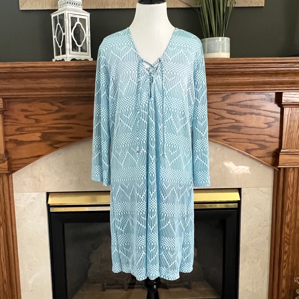 Portocruz Blue Ombre 3/4 Sleeve Lace Up Tunic Swim Cover Up Sz. XXL NWT‎